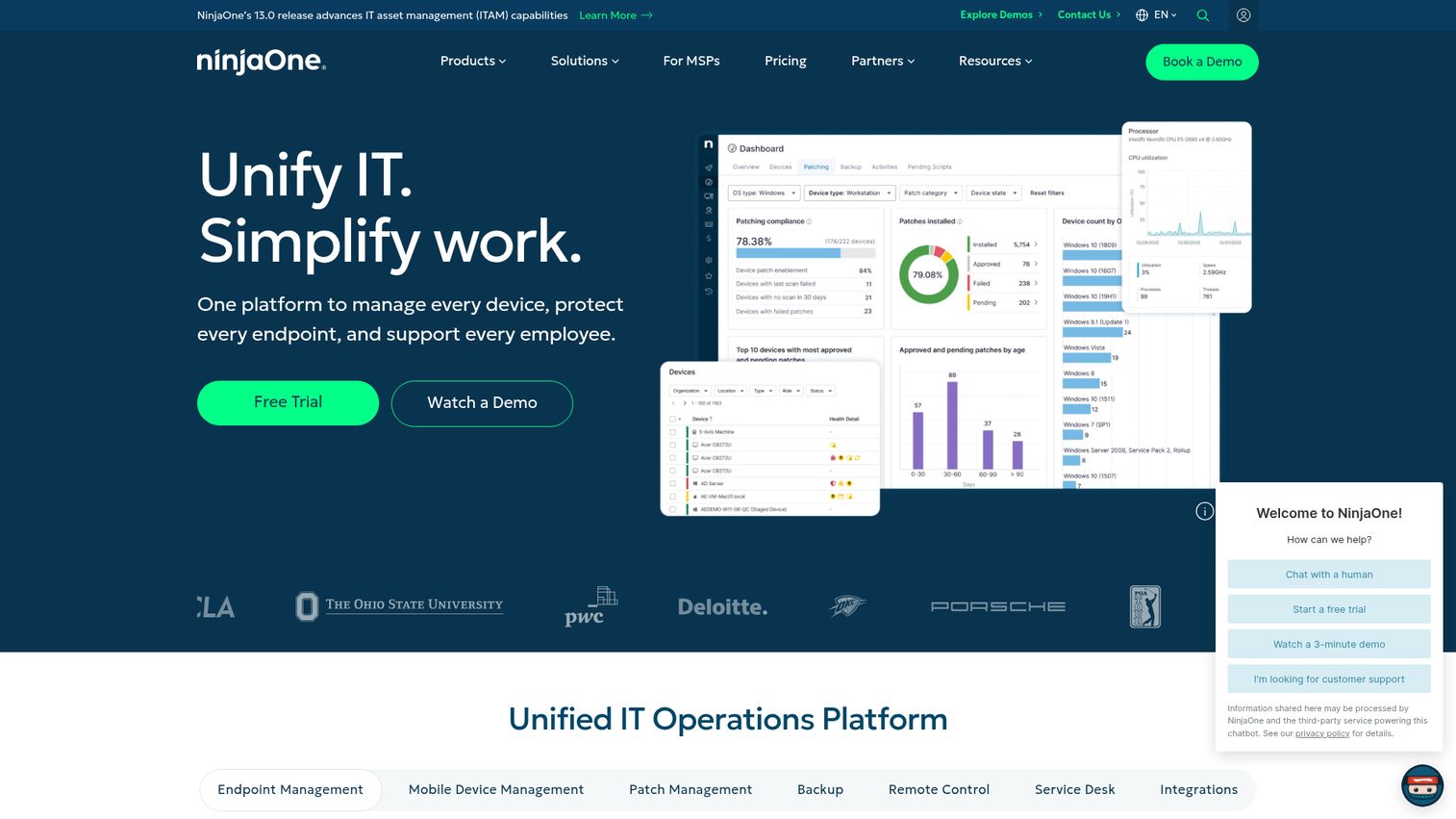 NinjaOne unified IT operations and endpoint management dashboard