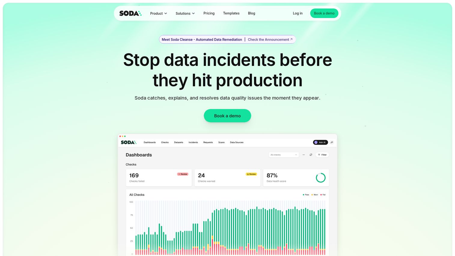 Soda data quality and observability platform homepage