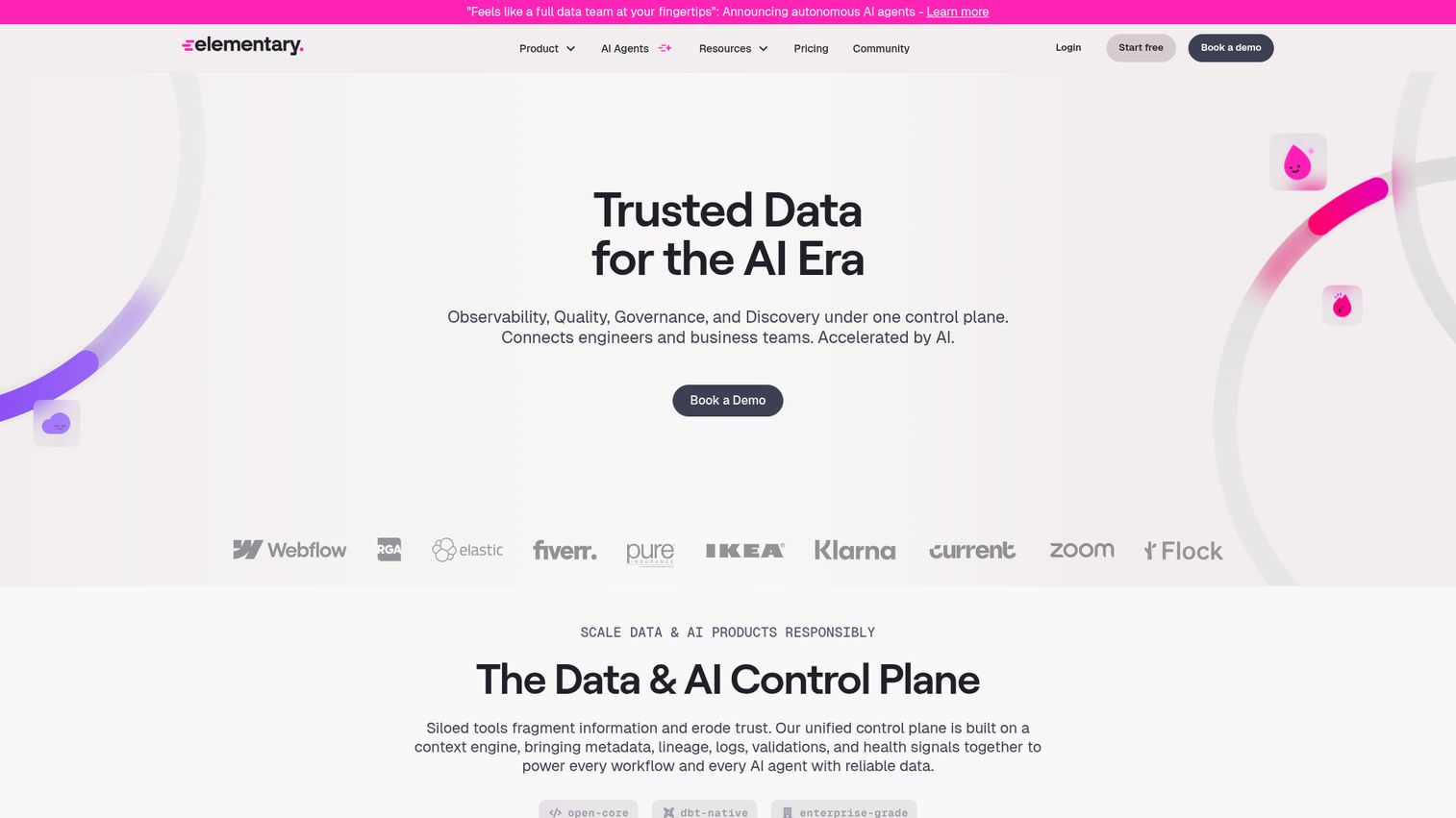 Elementary dbt-native data observability platform homepage