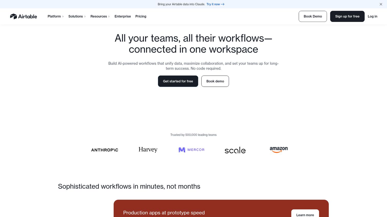Airtable database and app platform homepage