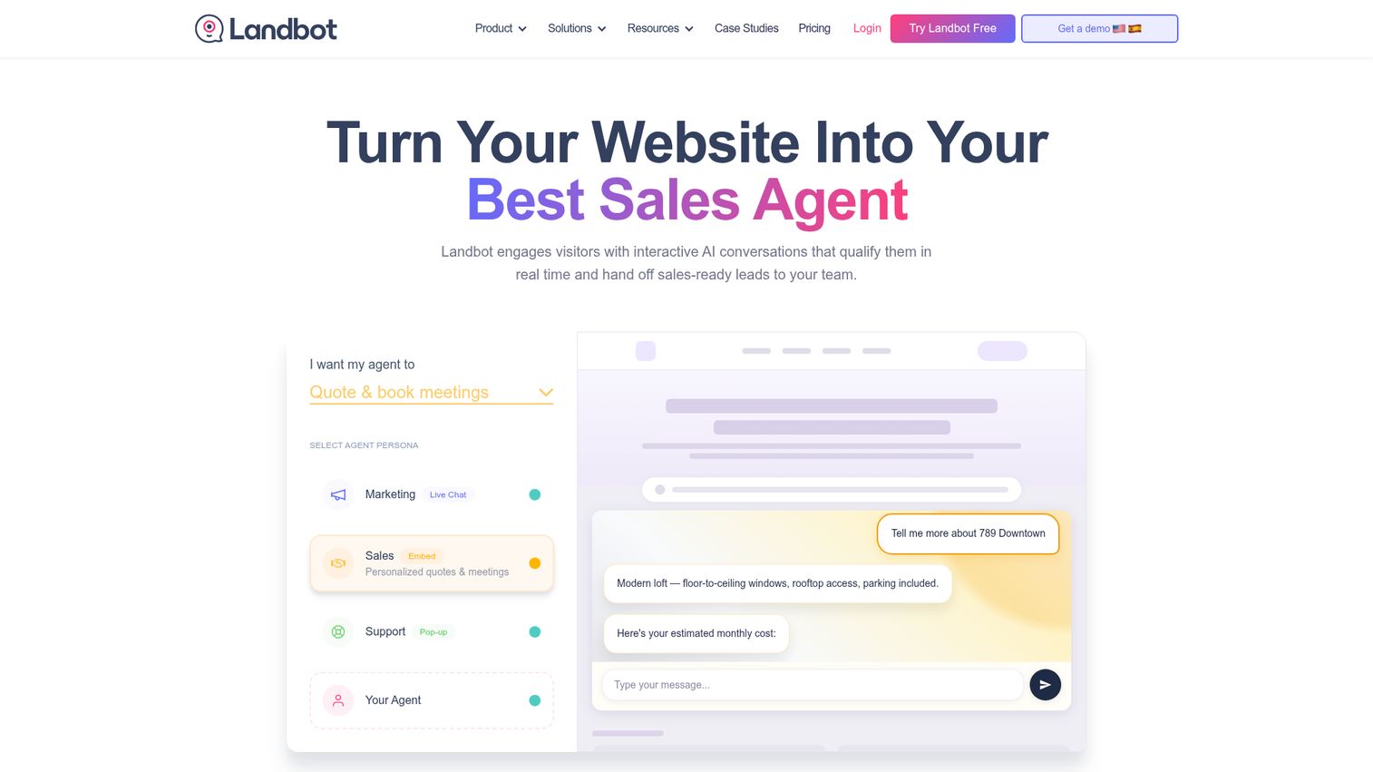 Landbot conversational app builder homepage