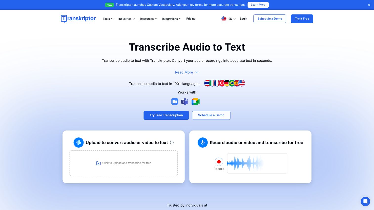 Transkriptor AI transcription interface
