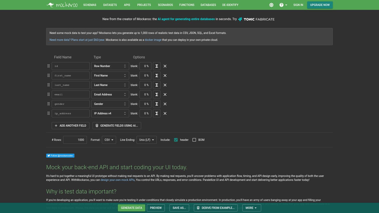 Mockaroo web-based test data generator