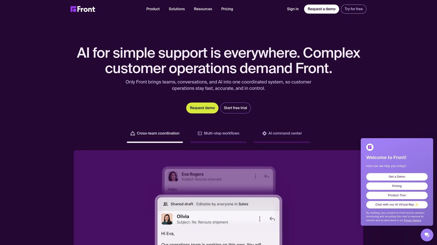 Front customer operations and shared inbox platform homepage.