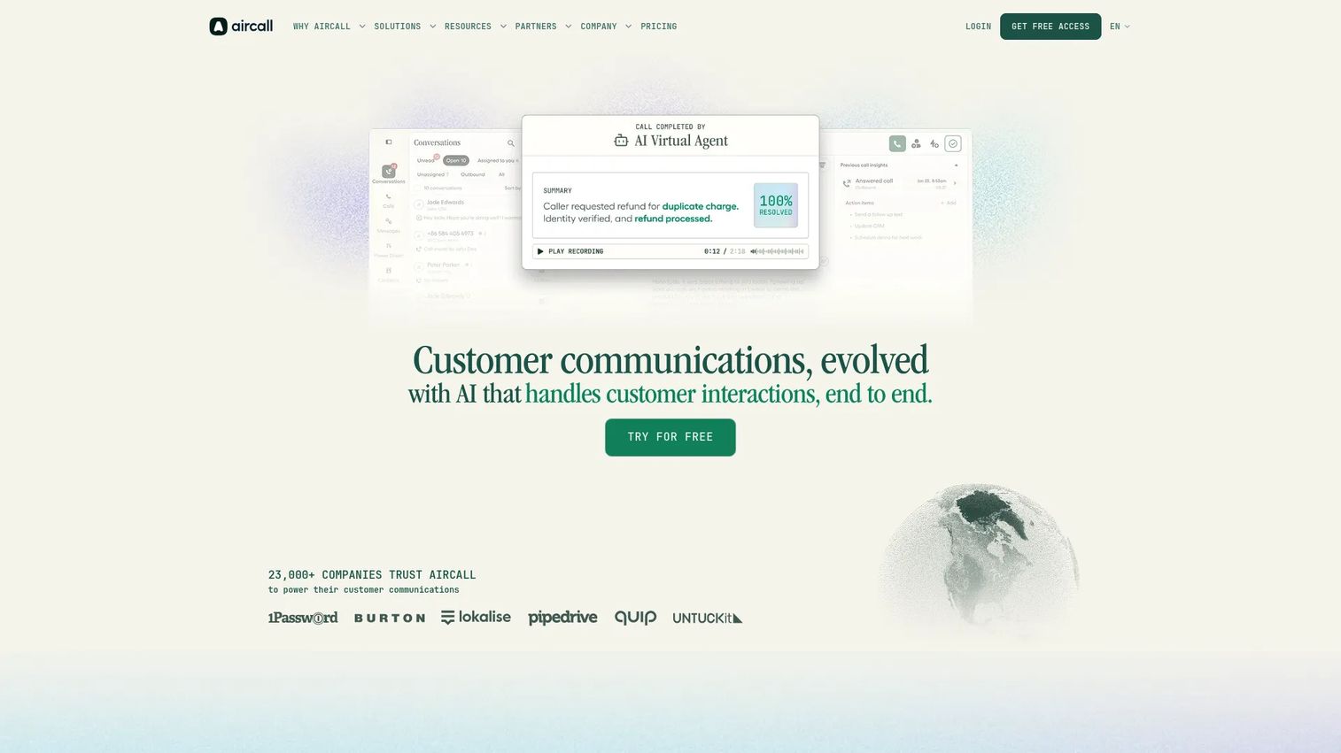 Aircall cloud call center software homepage