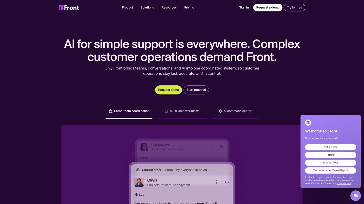 Front collaborative customer service platform homepage