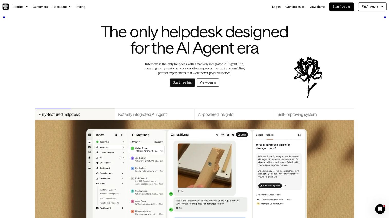 Intercom AI customer service platform homepage