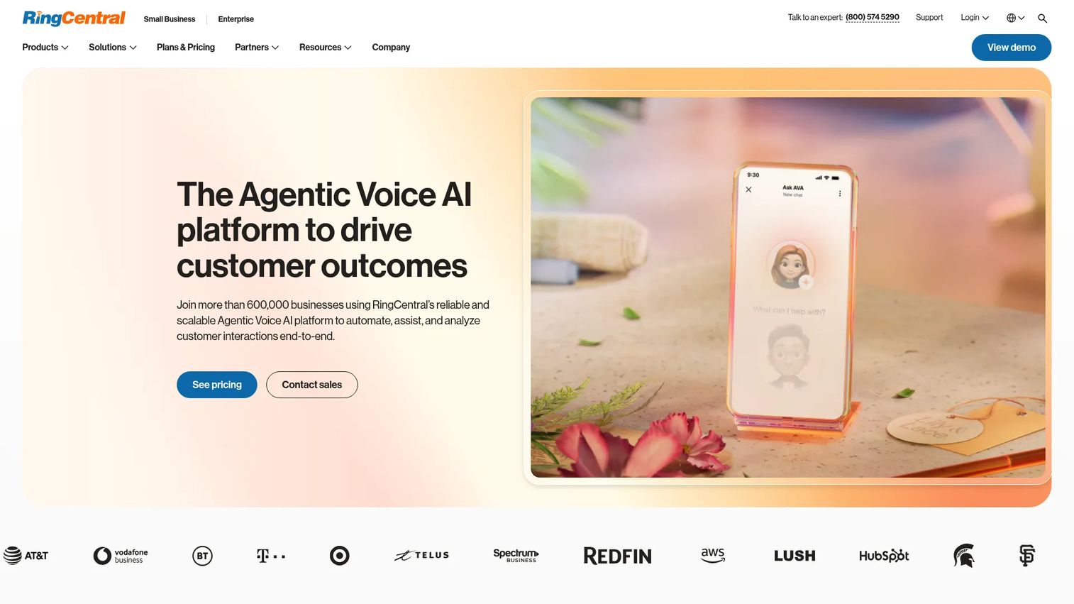 RingCentral unified communications and co-browsing software homepage.
