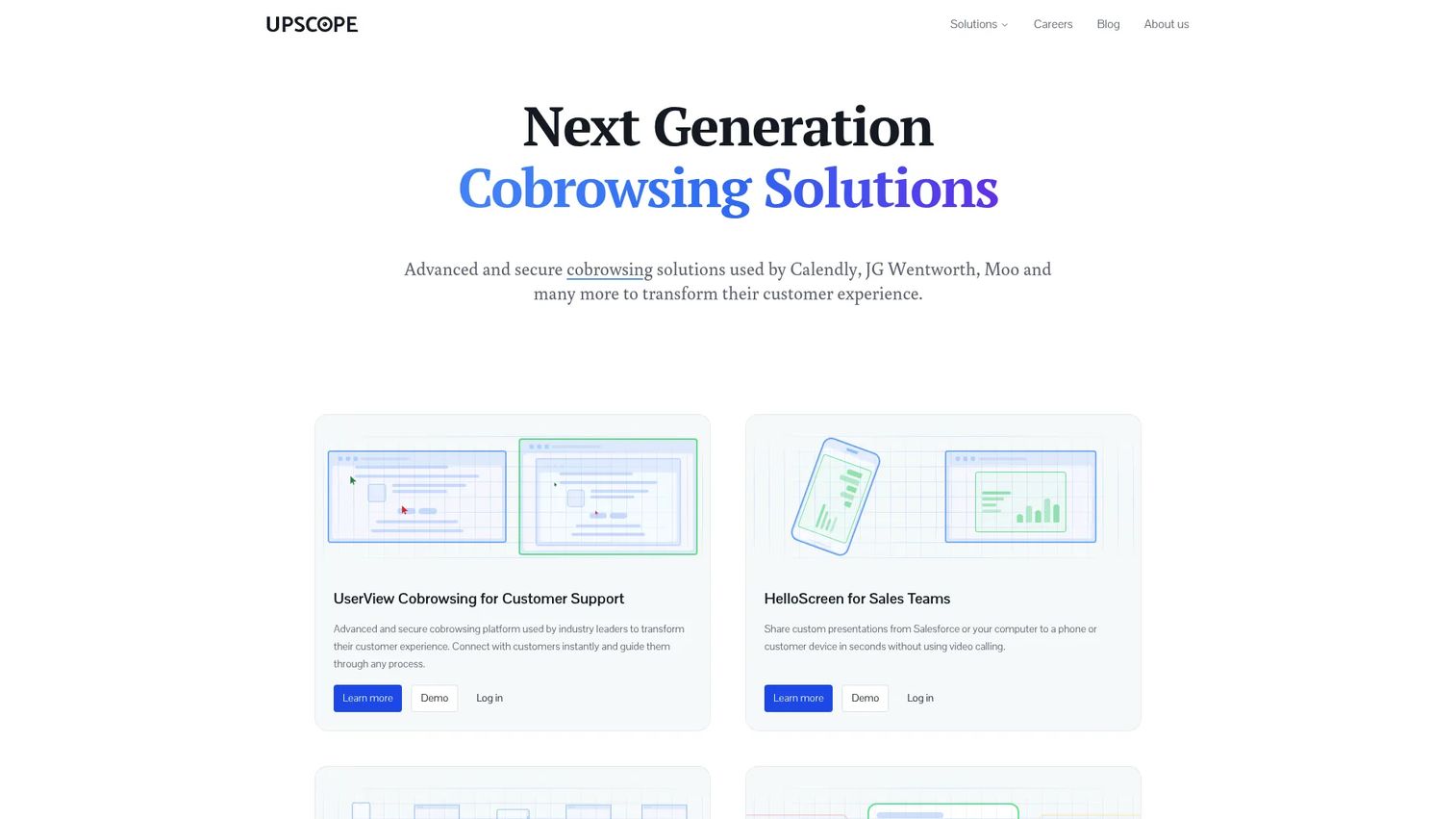 Upscope cobrowsing software homepage for SaaS support teams.