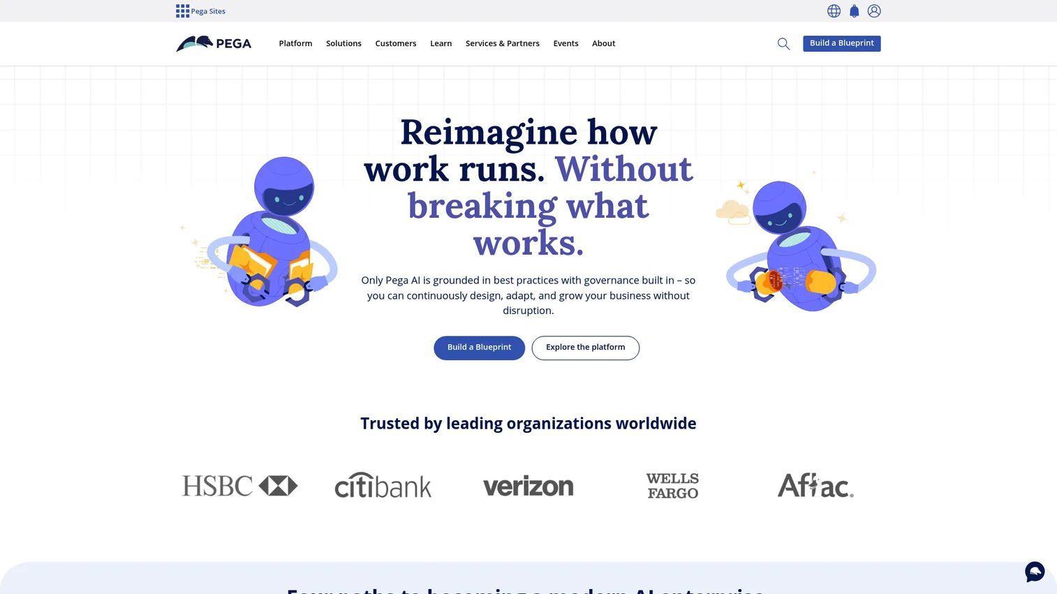 Pega enterprise CX platform with co-browsing software homepage.