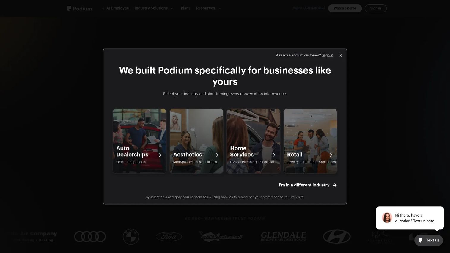 Podium customer communication and review platform homepage