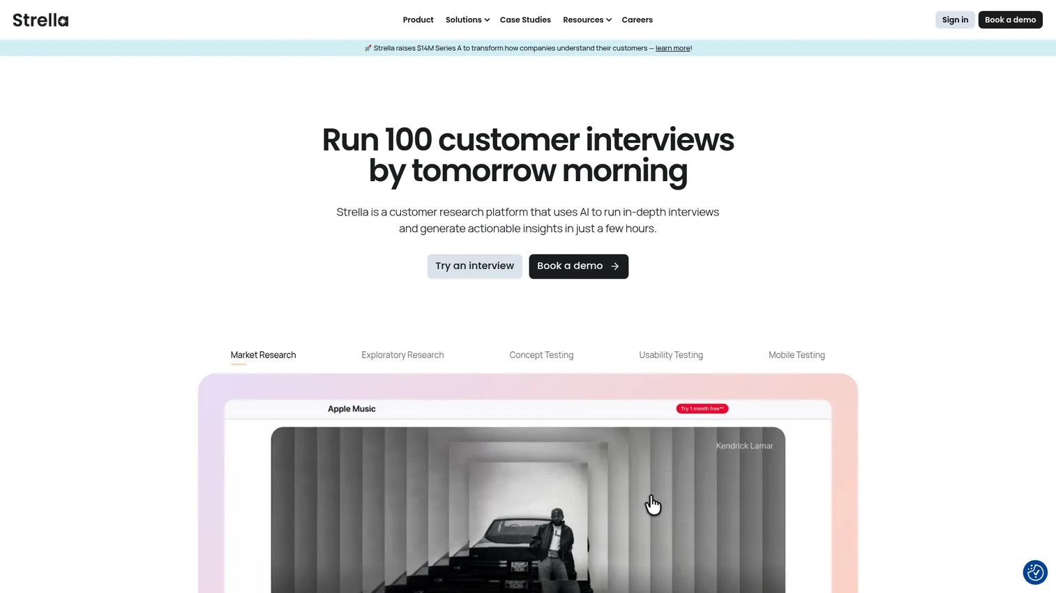 Strella AI-moderated customer research platform homepage