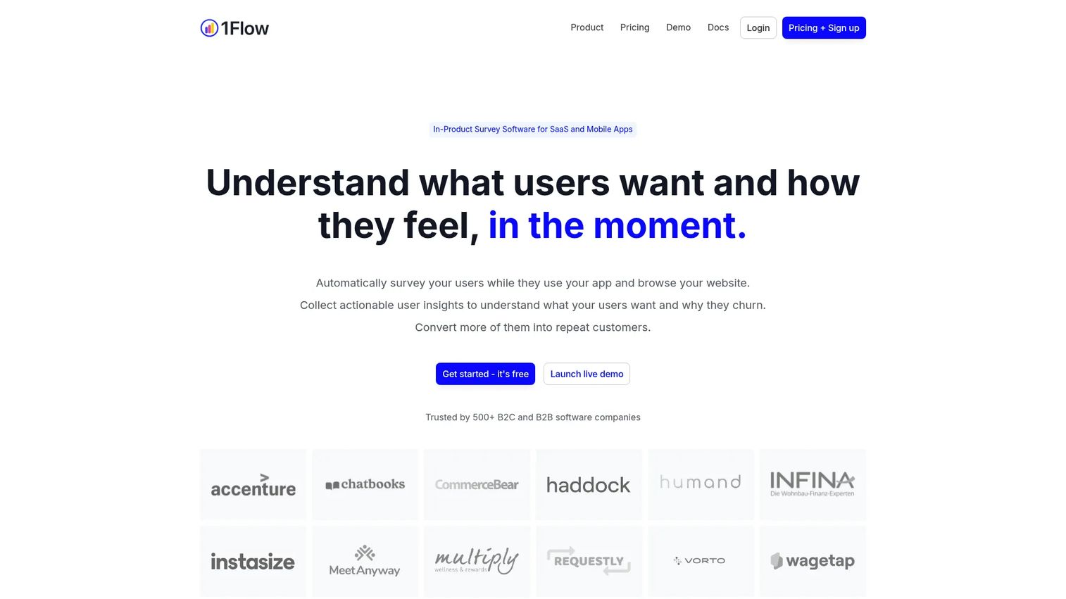 1Flow in-app survey platform homepage
