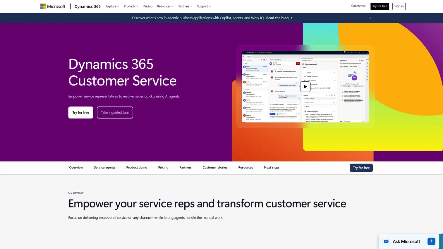 Microsoft Dynamics 365 Customer Service platform homepage