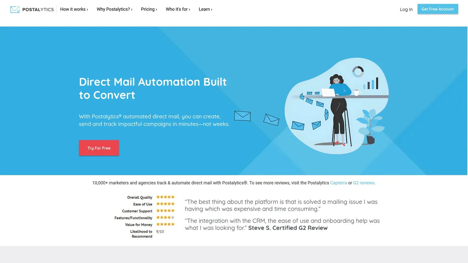 Postalytics direct mail automation software homepage
