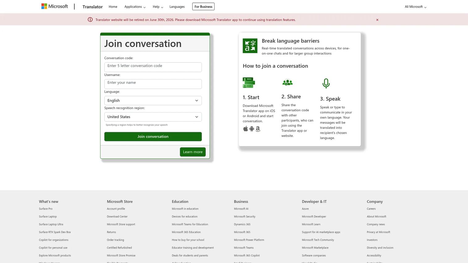 Microsoft Translator translation tool
