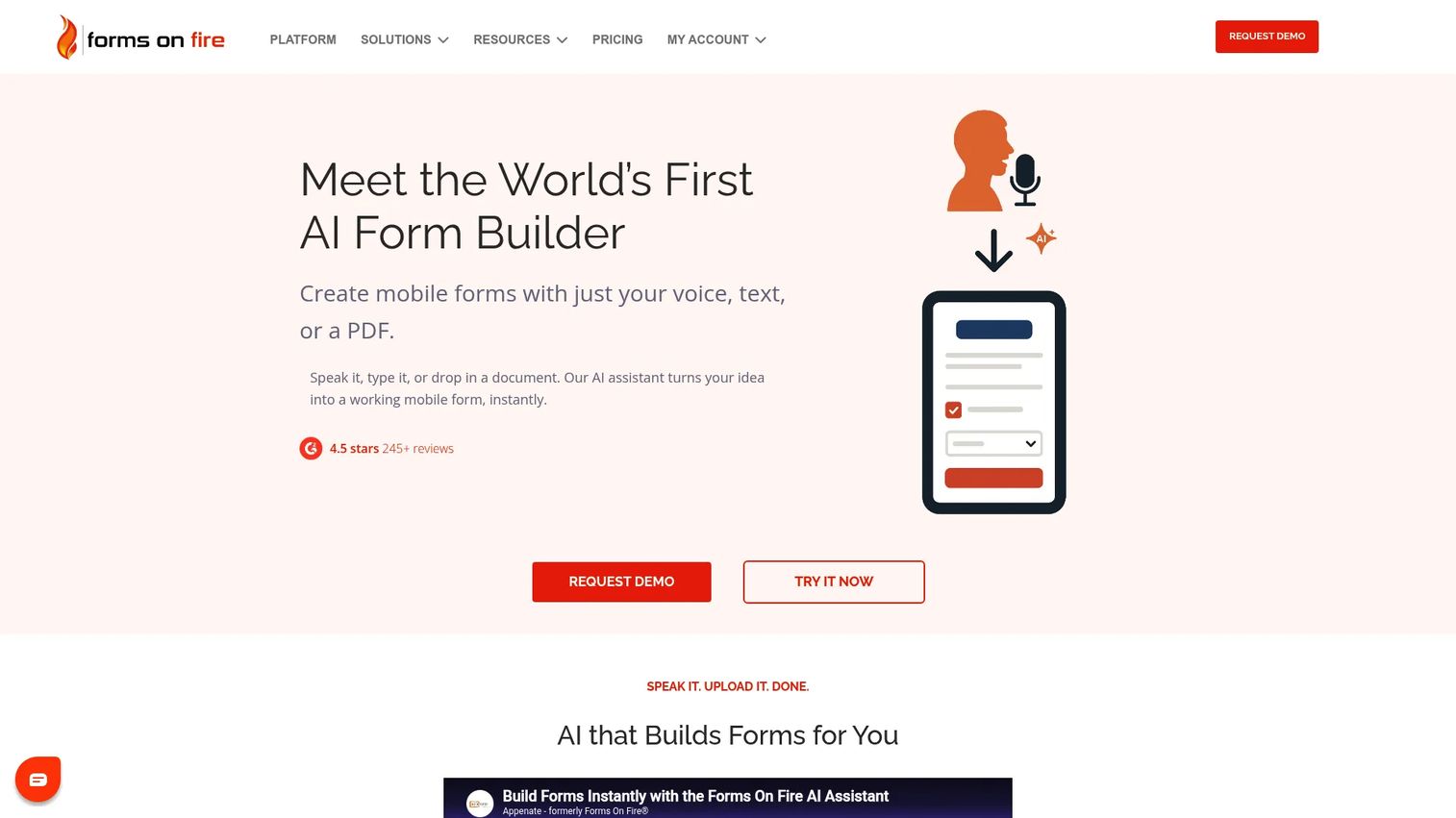 Forms On Fire mobile forms platform homepage
