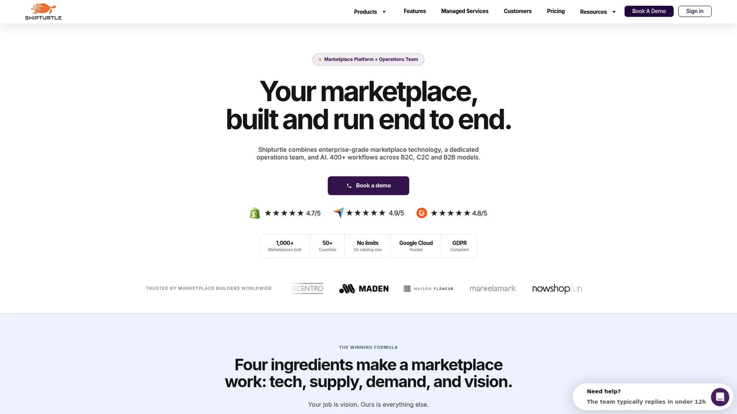 Shipturtle multi-vendor marketplace and shipping software homepage