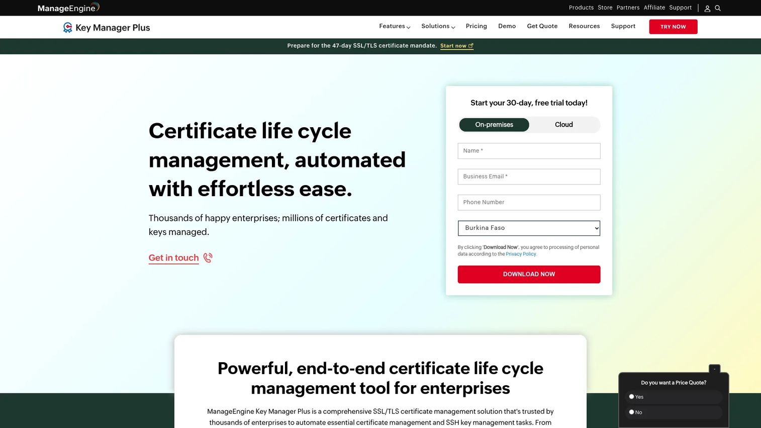 ManageEngine Key Manager Plus SSH and SSL certificate management homepage