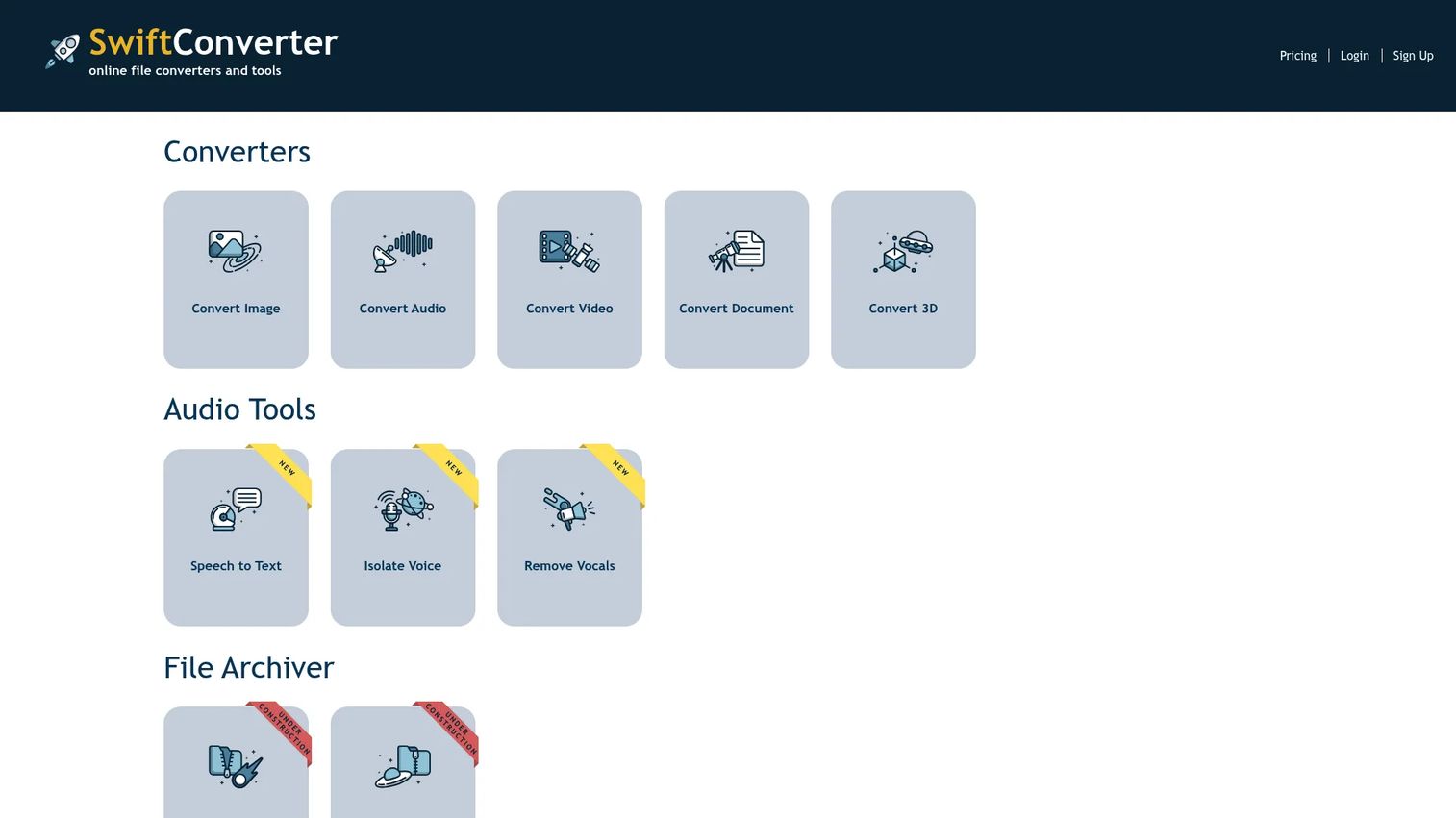 SwiftConverter online conversion tools for image, audio, video, document, and 3D files