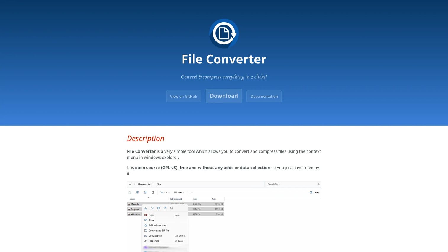 File Converter homepage showing right-click context-menu conversion for Windows