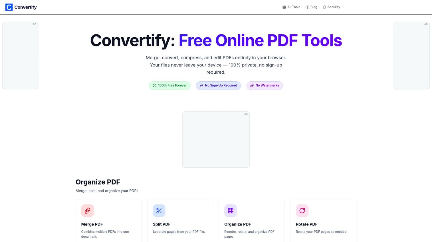 Convertify homepage showing privacy-first browser-based file conversion tools