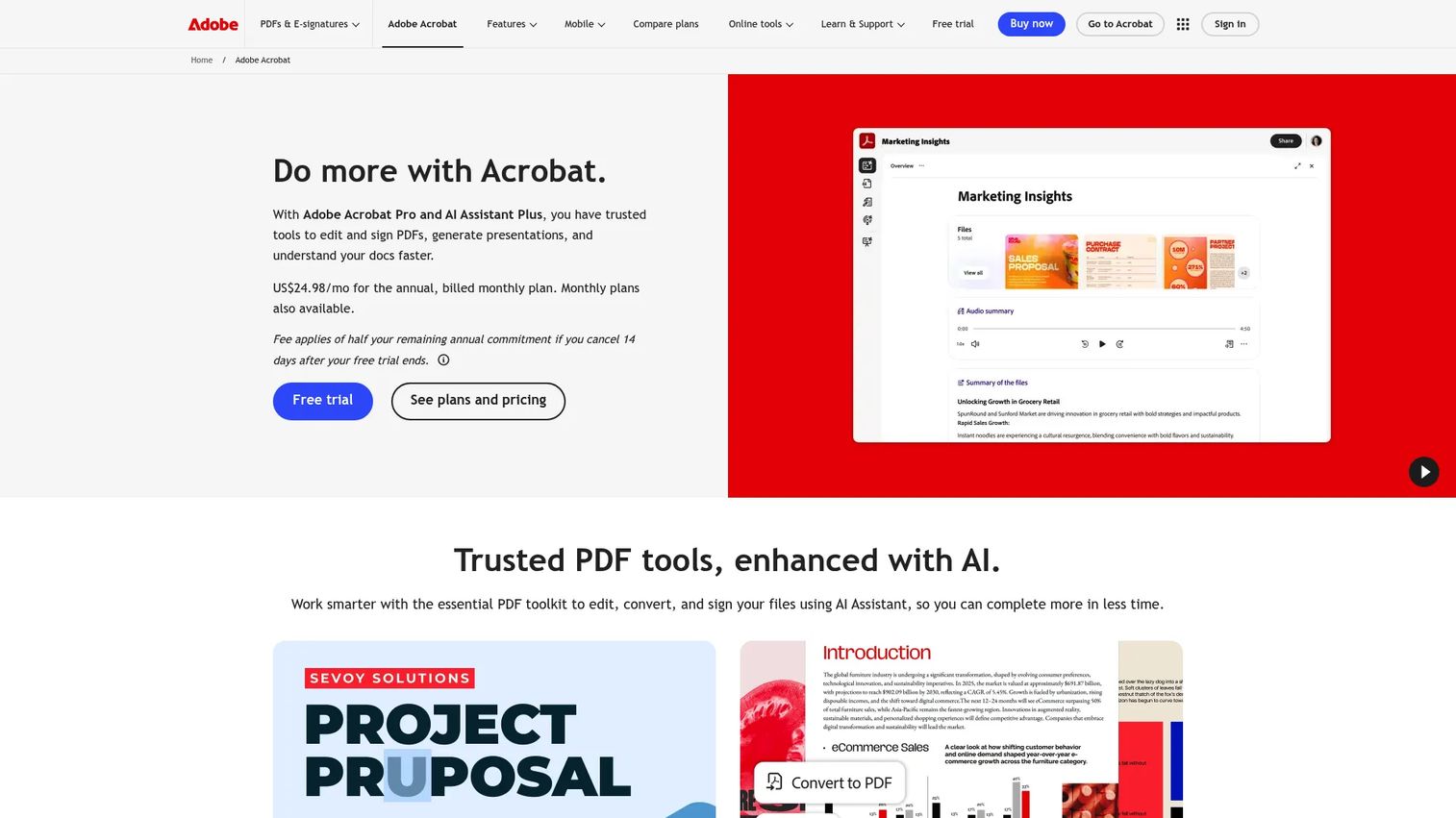 Adobe Acrobat Pro showing PDF conversion and editing tools