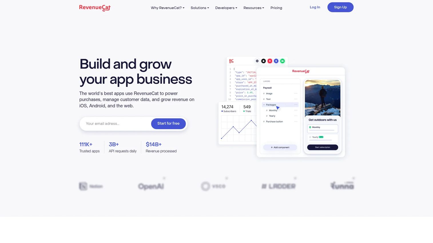 RevenueCat subscription management platform homepage