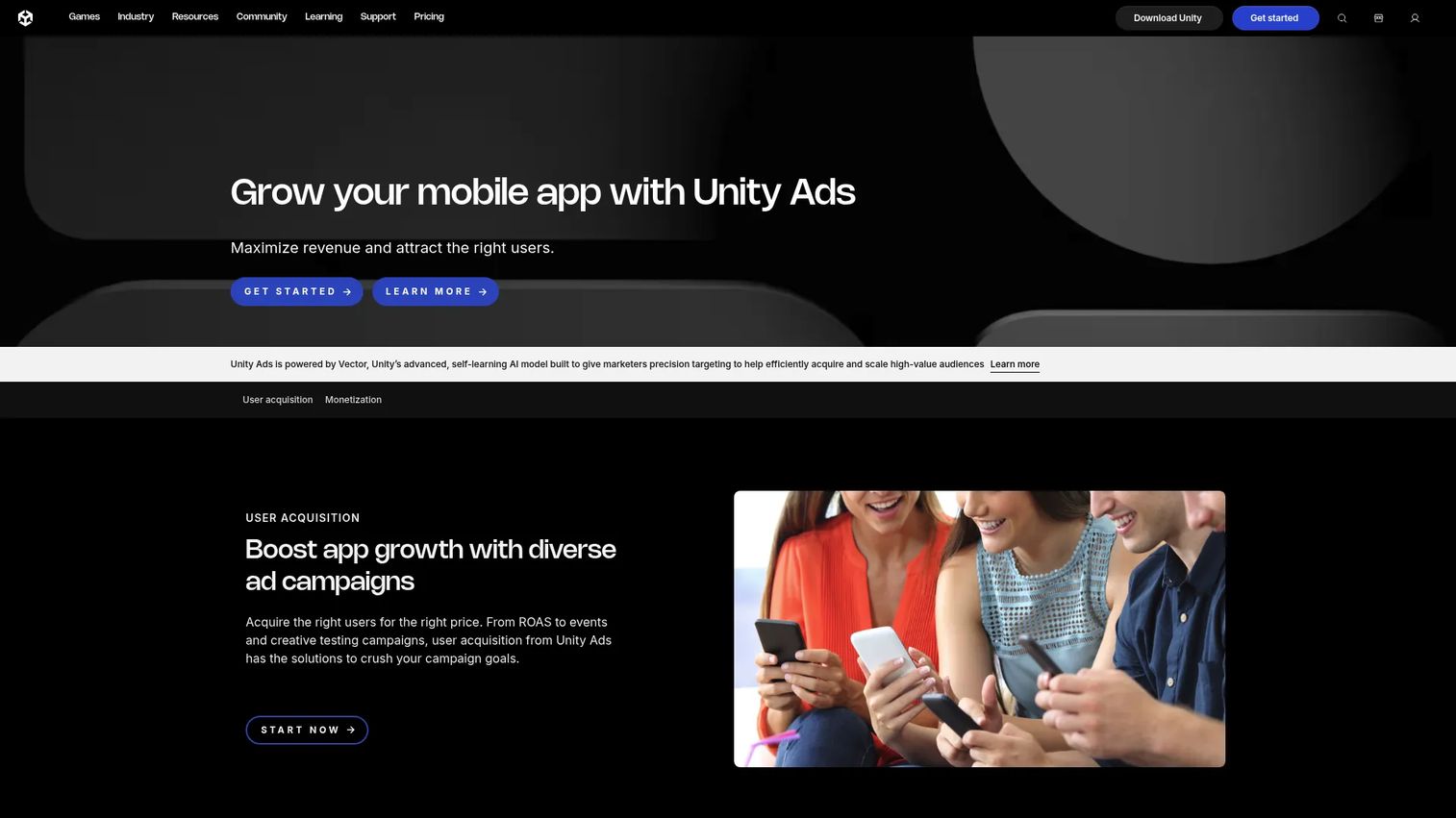 Unity Ads game monetization platform homepage