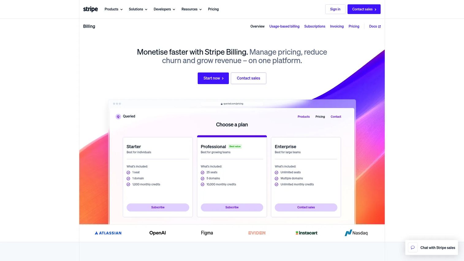 Stripe Billing pricing and subscription product page