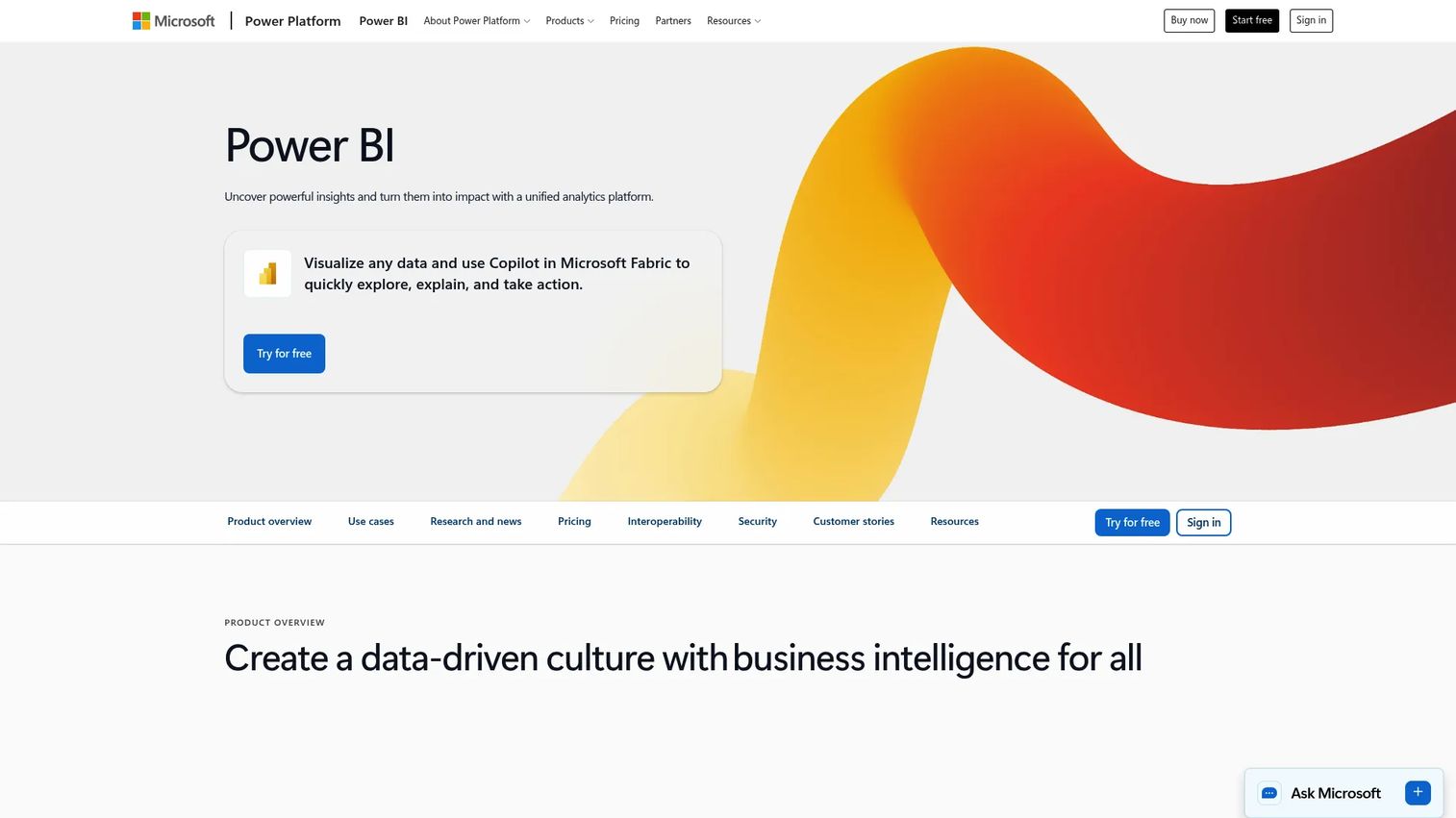 Microsoft Power BI business intelligence platform homepage