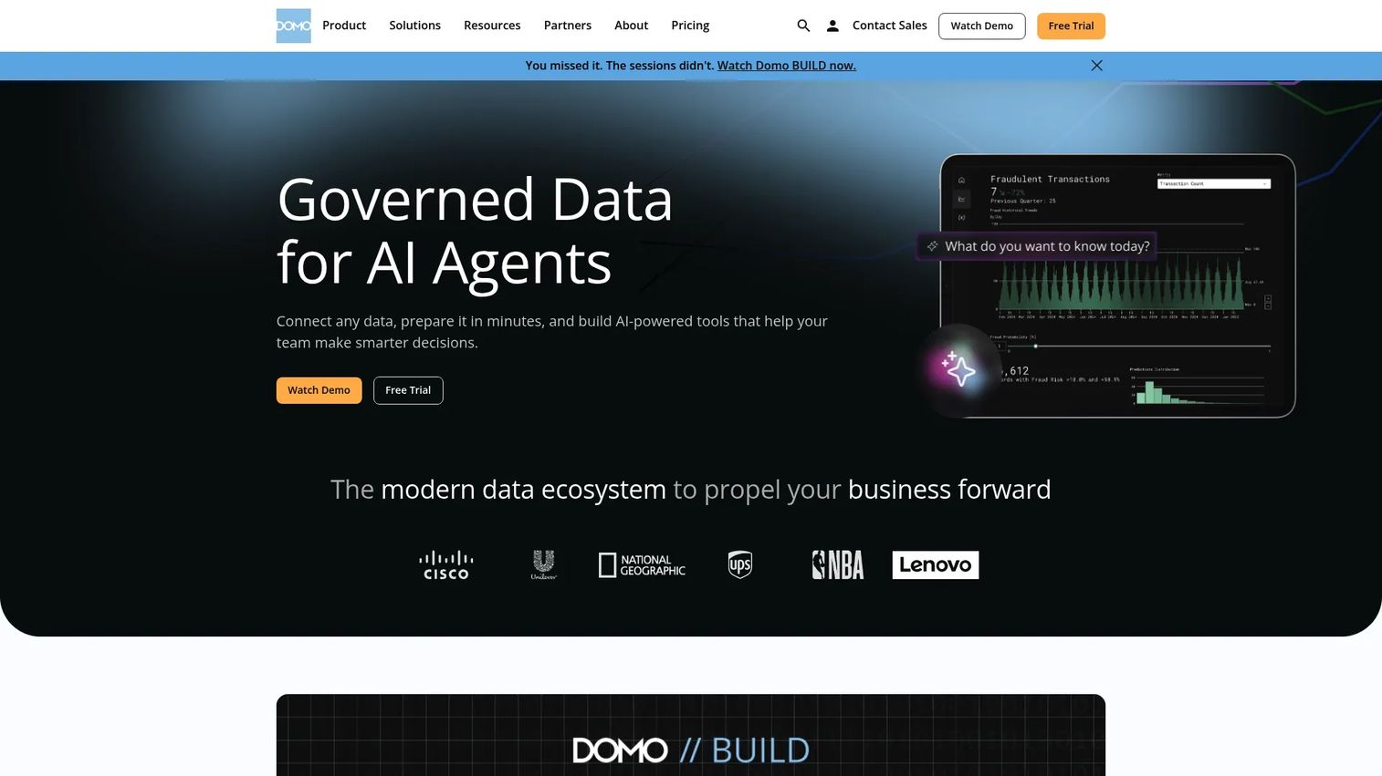 Domo cloud data and analytics platform homepage