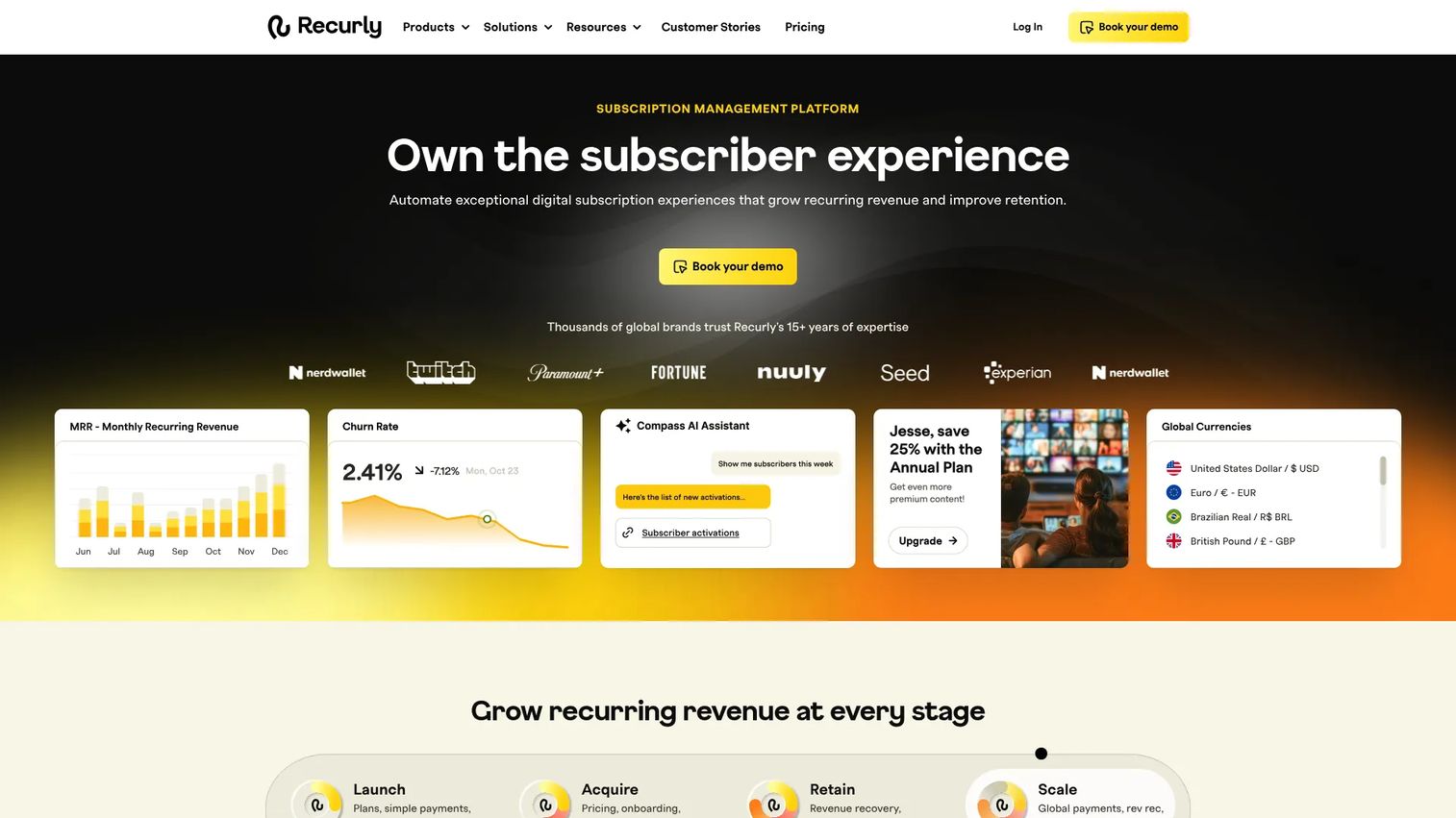 Recurly subscription management platform homepage