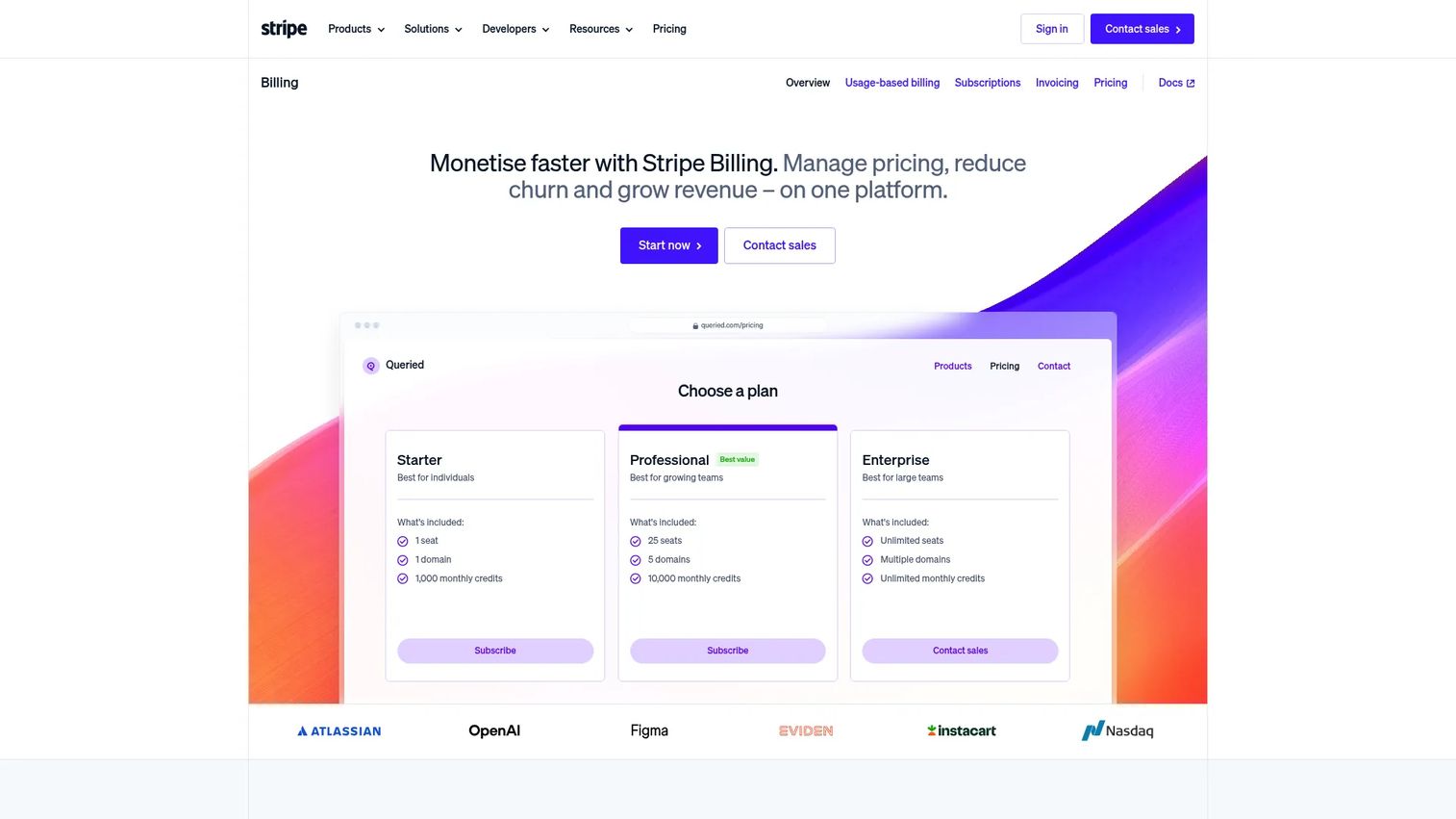 Stripe Billing subscription and usage-based billing product page