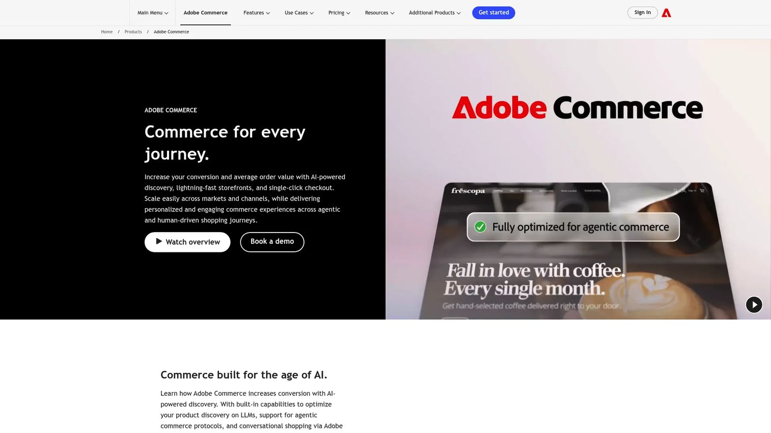 Adobe Commerce platform homepage