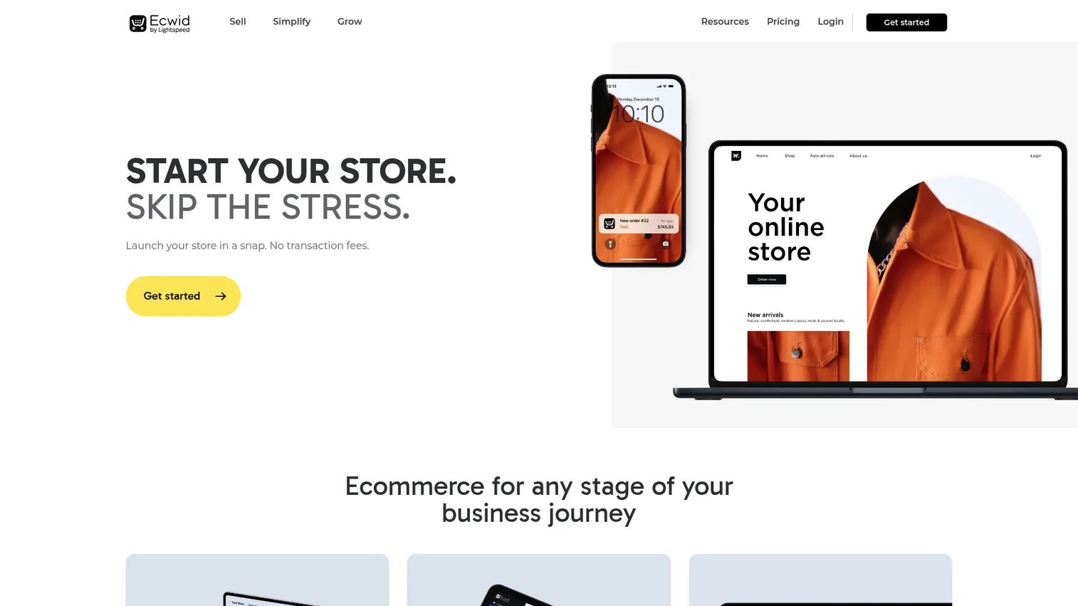 Ecwid by Lightspeed ecommerce platform homepage