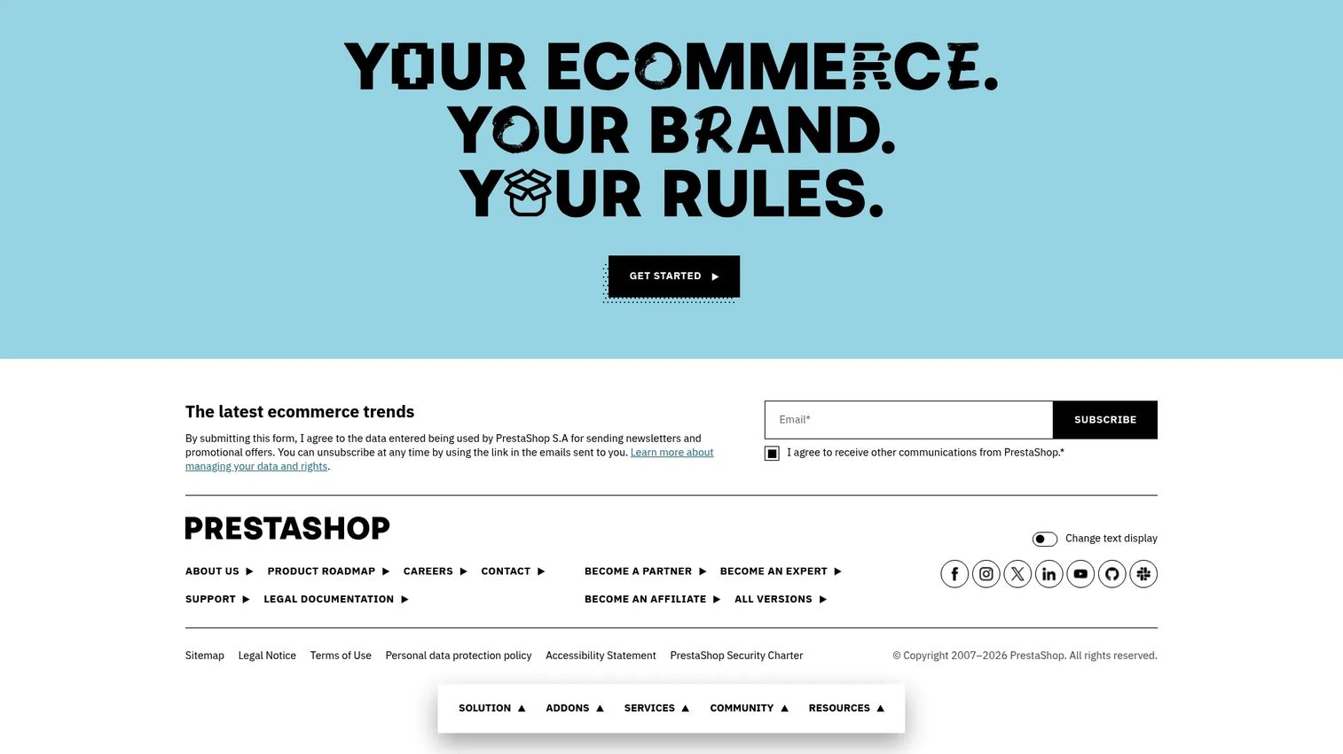 PrestaShop ecommerce platform homepage