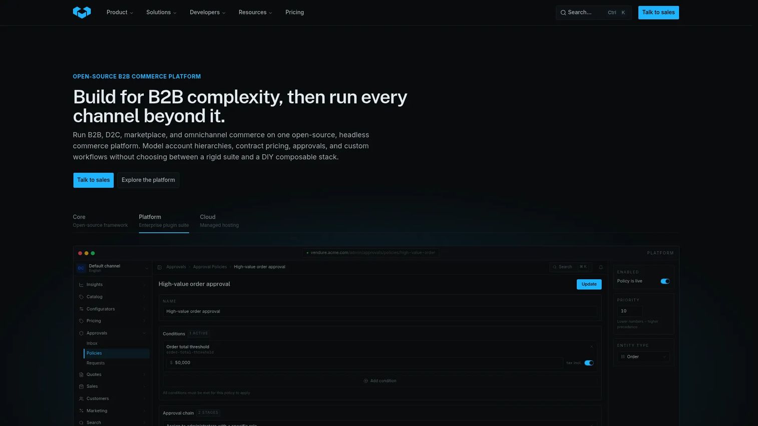 Vendure TypeScript-first open source commerce platform homepage