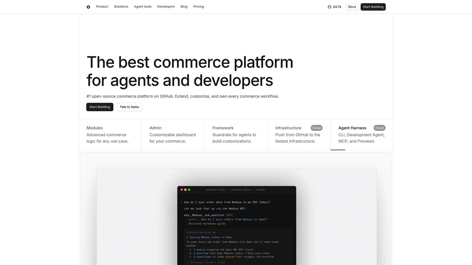 Medusa modular open source commerce platform homepage