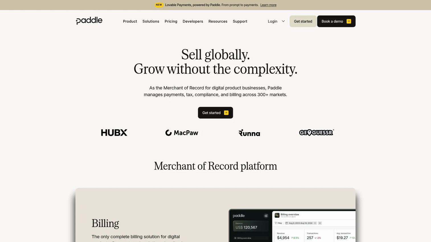 Paddle subscription and billing platform homepage