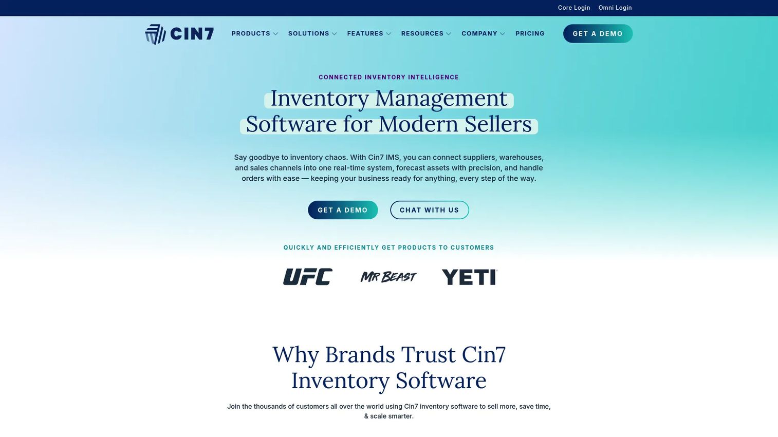 Cin7 homepage showing its inventory and order management software
