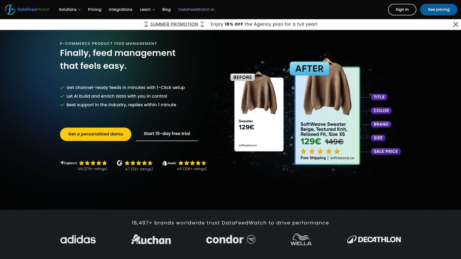 DataFeedWatch feed optimization interface