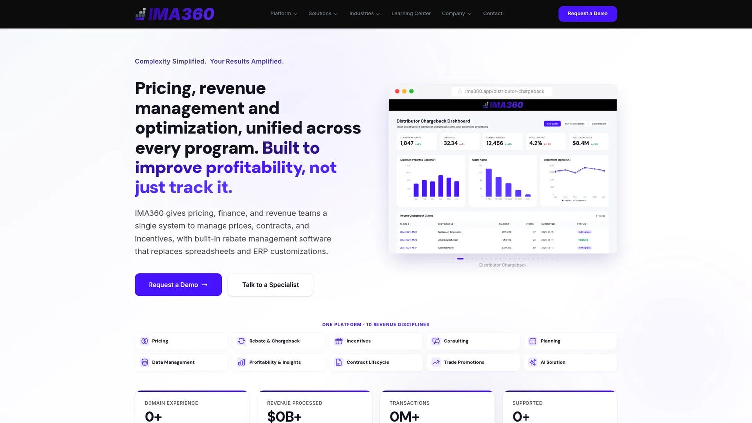 IMA360 revenue management platform homepage screenshot
