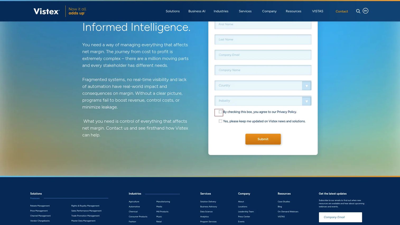 Vistex enterprise revenue management homepage screenshot