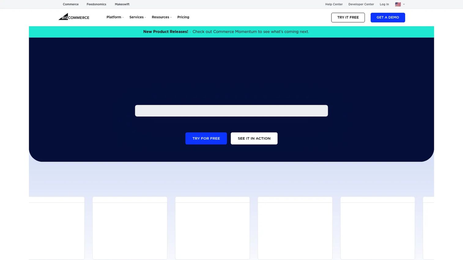 BigCommerce homepage showing its ecommerce platform