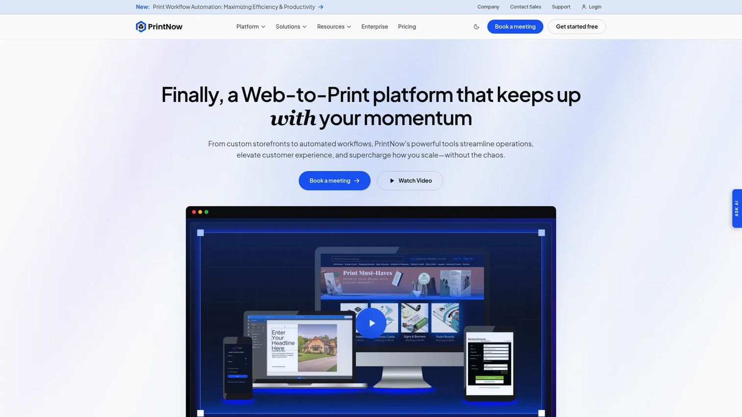 PrintNow web-to-print software homepage