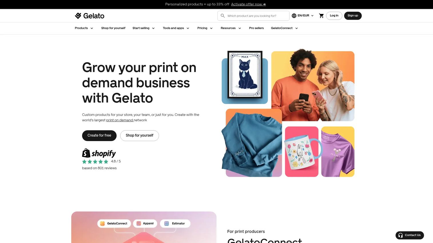 Gelato global print on demand platform homepage