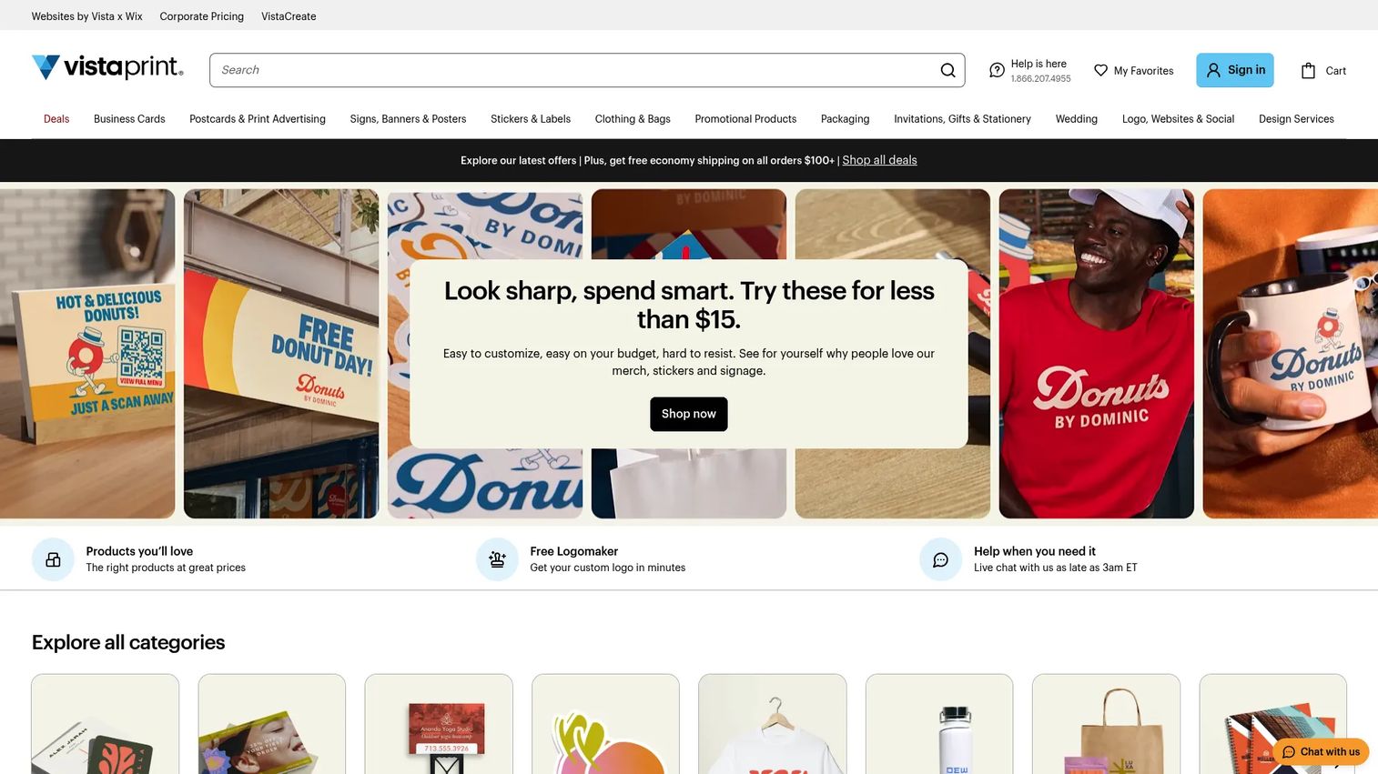 Vistaprint custom print and marketing materials homepage