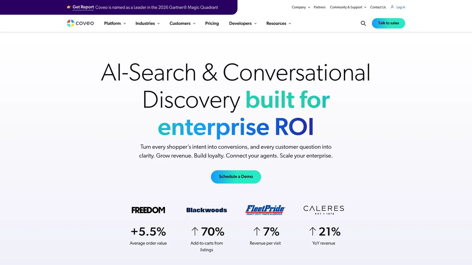 Coveo AI search and recommendations platform homepage