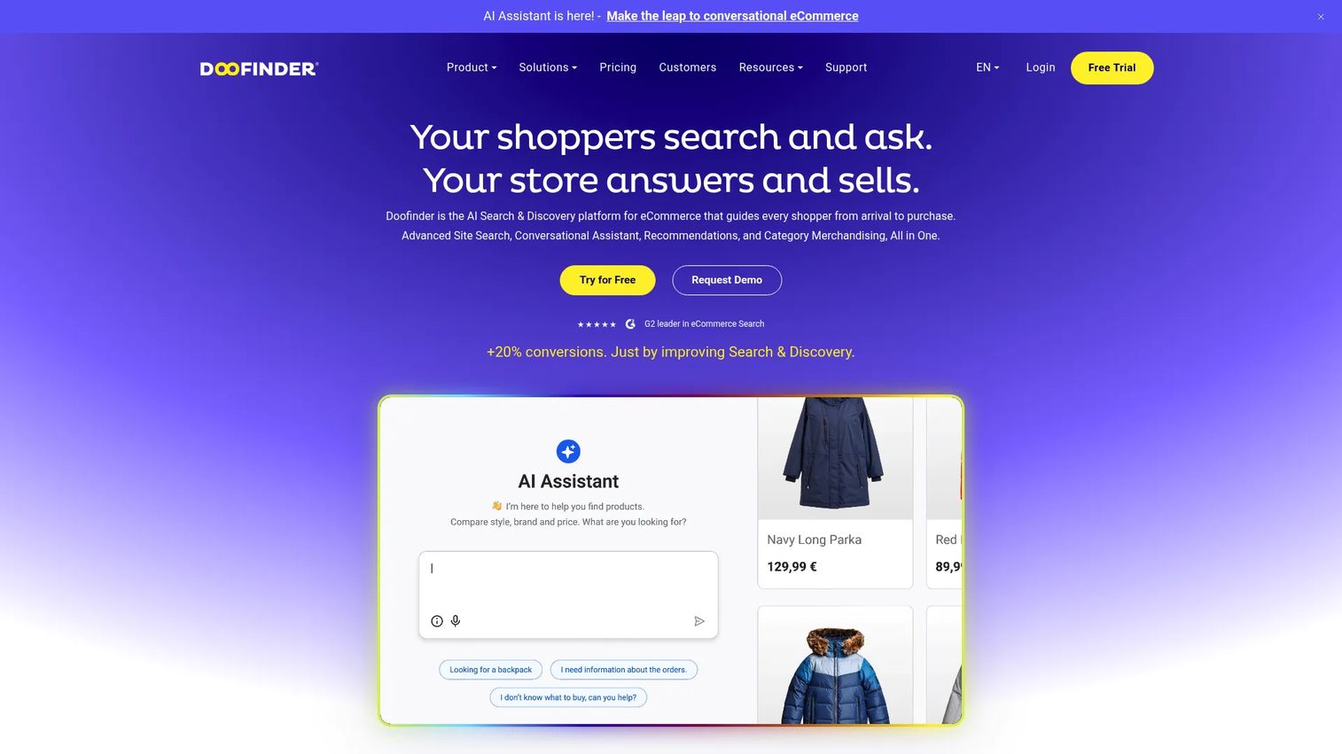 Doofinder ecommerce site search and discovery homepage